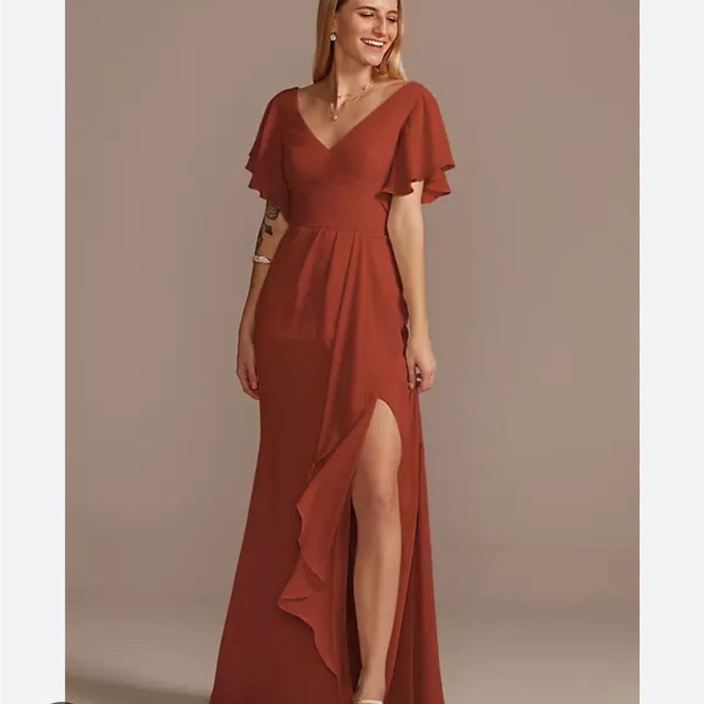 David's Bridal Rust Ruffle-Slit V-Neck Bridesmaid Dress